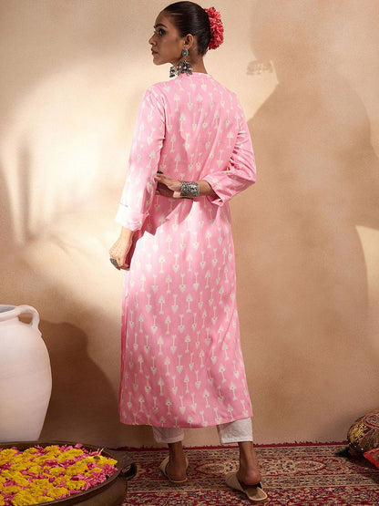 Dhiyona IE Pink and White Mandarin Collar Geometric Printed Straight Kurta