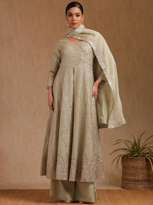 Dhiyona SO Women's Alina Cut Floral Embroidered Empire Sequinned Anarkali Kurta With Palazzo & Dupatta