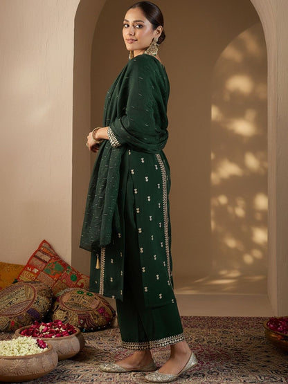 Ethnic Motifs Embroidered Round Neck Thread Work Kurta With Trousers & Dupatta
