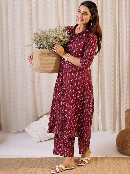 Women Floral Printed Pure Cotton Anarkali Kurta with Trouser