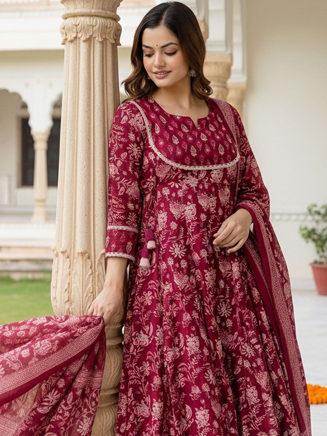 Floral Printed Panelled Pure Cotton Kurta With Trousers & Dupatta