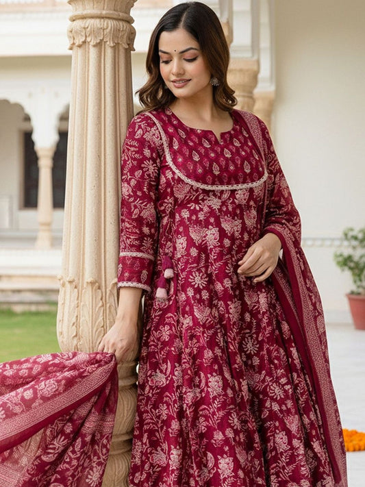 Floral Printed Panelled Pure Cotton Kurta With Trousers & Dupatta