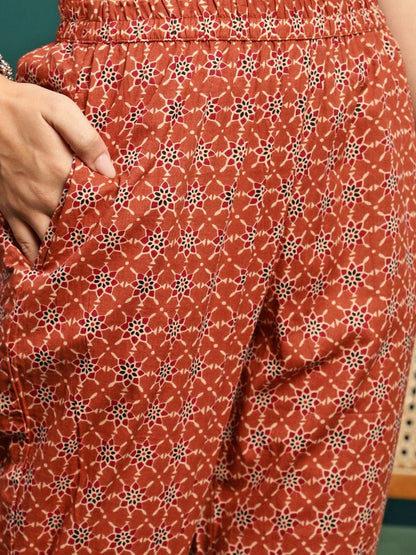 Dhiyona SN Women's Floral Printed Gotta Patti Pure Cotton Anarkali Kurta With Trousers & Dupatta