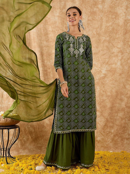 Ethnic Motifs Printed Straight Gotta Patti Kurta with Sharara & Dupatta