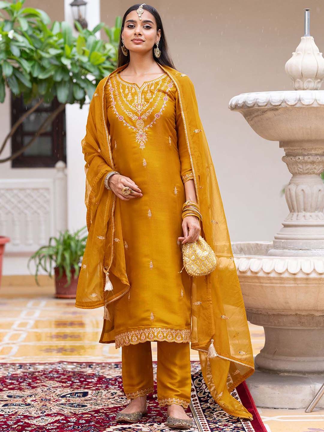 Dhiyona CH Ethnic Motifs Embroidered Thread Work Kurta with Trousers & With Dupatta