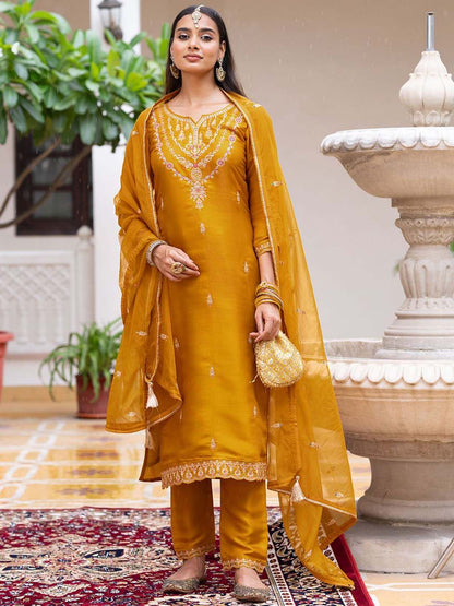 Dhiyona CH Ethnic Motifs Embroidered Thread Work Kurta with Trousers & With Dupatta