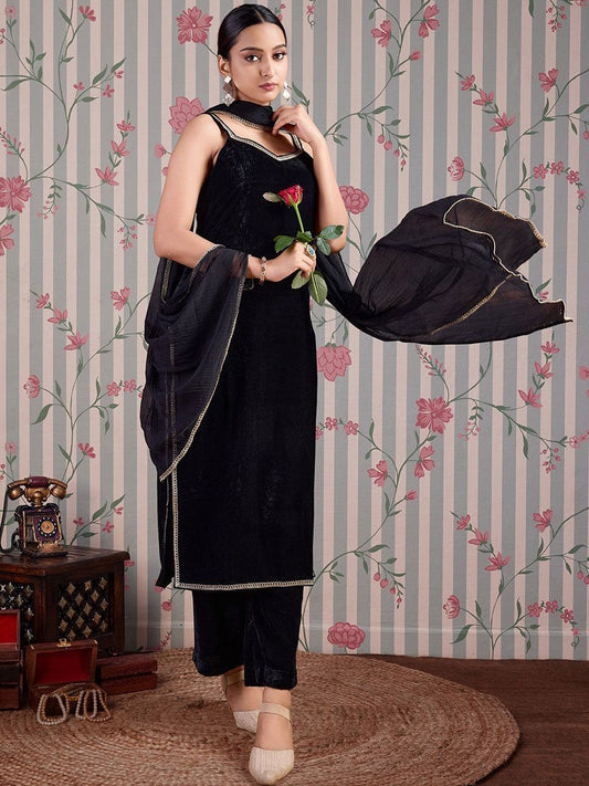 Dhiyona OD  V Neck Gotta Patti Velvet Straight Kurta with Trousers & Dupatta