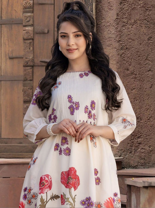 Women Floral Printed Pleated Pure Cotton Kurta with Trousers