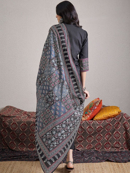 Ethnic Motifs Embroidered Mirror Work Pure Cotton Kurta With Trousers & Dupatta