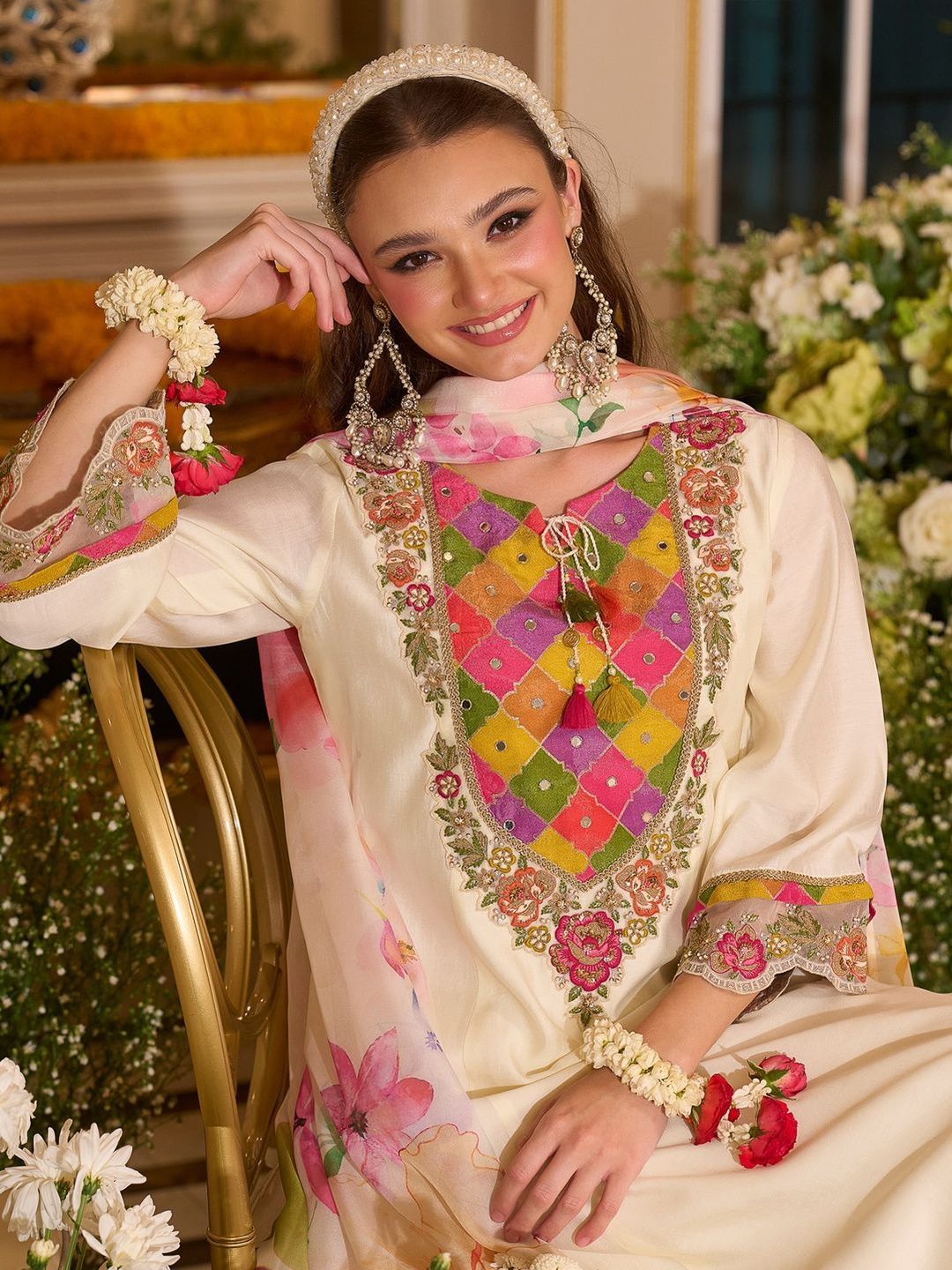 Floral Embroidered A-Line Tie-Up Neck Thread Work Kurta With Trousers & Dupatta