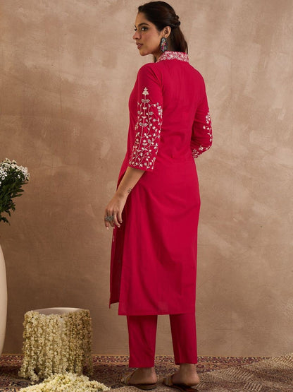 Women Ethnic Motifs Embroidered Cotton Kurta with Trousers