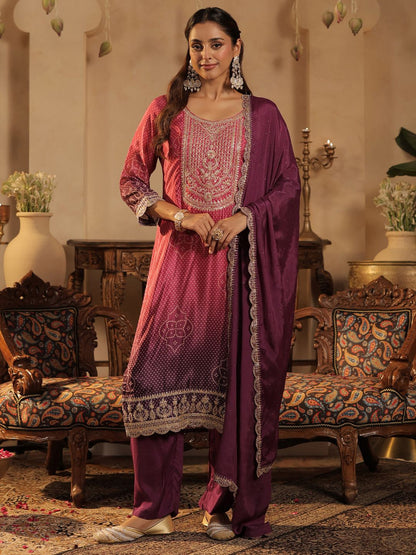 Bandhani Printed Straight Sequinned Kurta With Trousers & Dupatta
