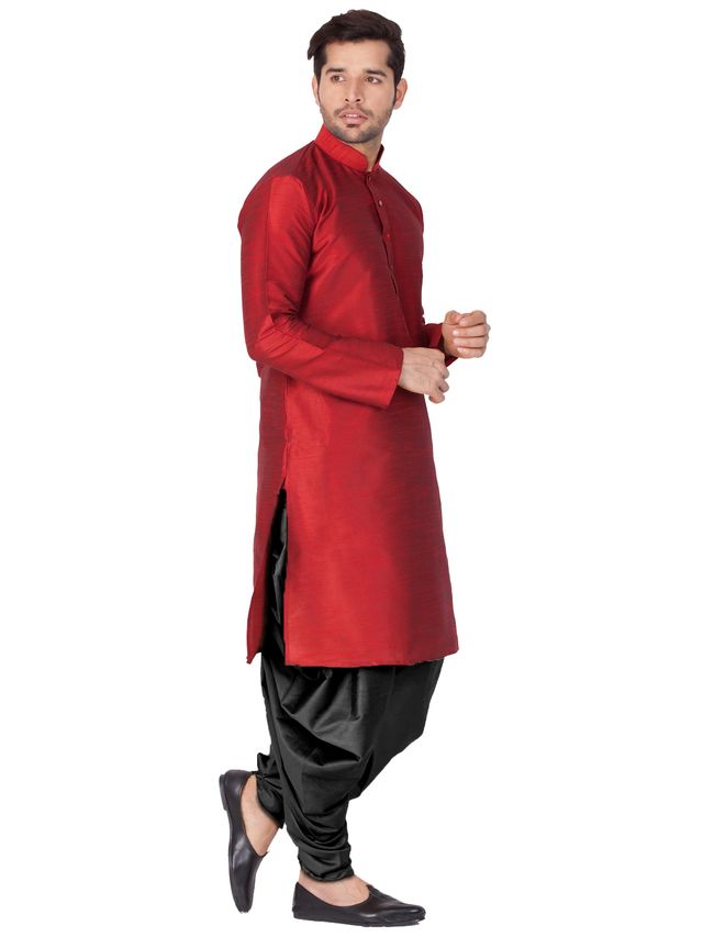 Men's Maroon Silk Blend Straight Kurta and Dhoti Set