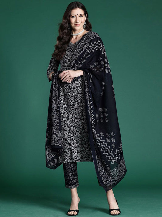 Women Floral Printed Pure Cotton Kurta Trousers & With Dupatta