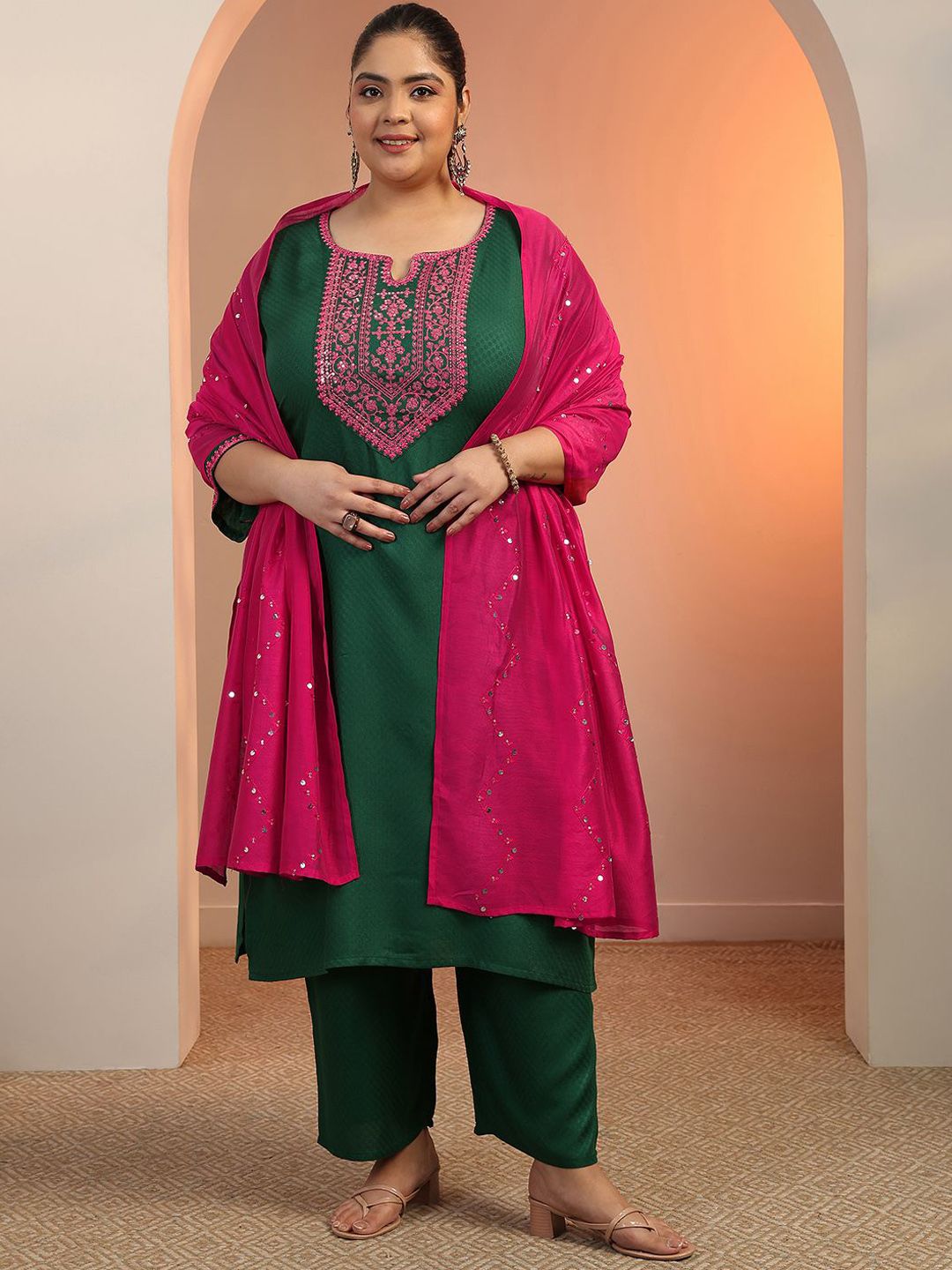 Dhiyona Women's Plus Size Ethnic Motifs Embroidered Kurta with Trousers & Dupatta