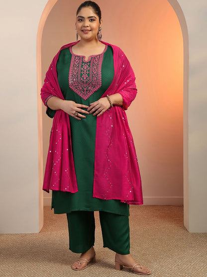 Dhiyona Women's Plus Size Ethnic Motifs Embroidered Kurta with Trousers & Dupatta