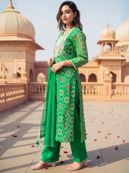 Ethnic Motifs Embroidered Sequinned Straight Kurta With Trousers & Dupatta