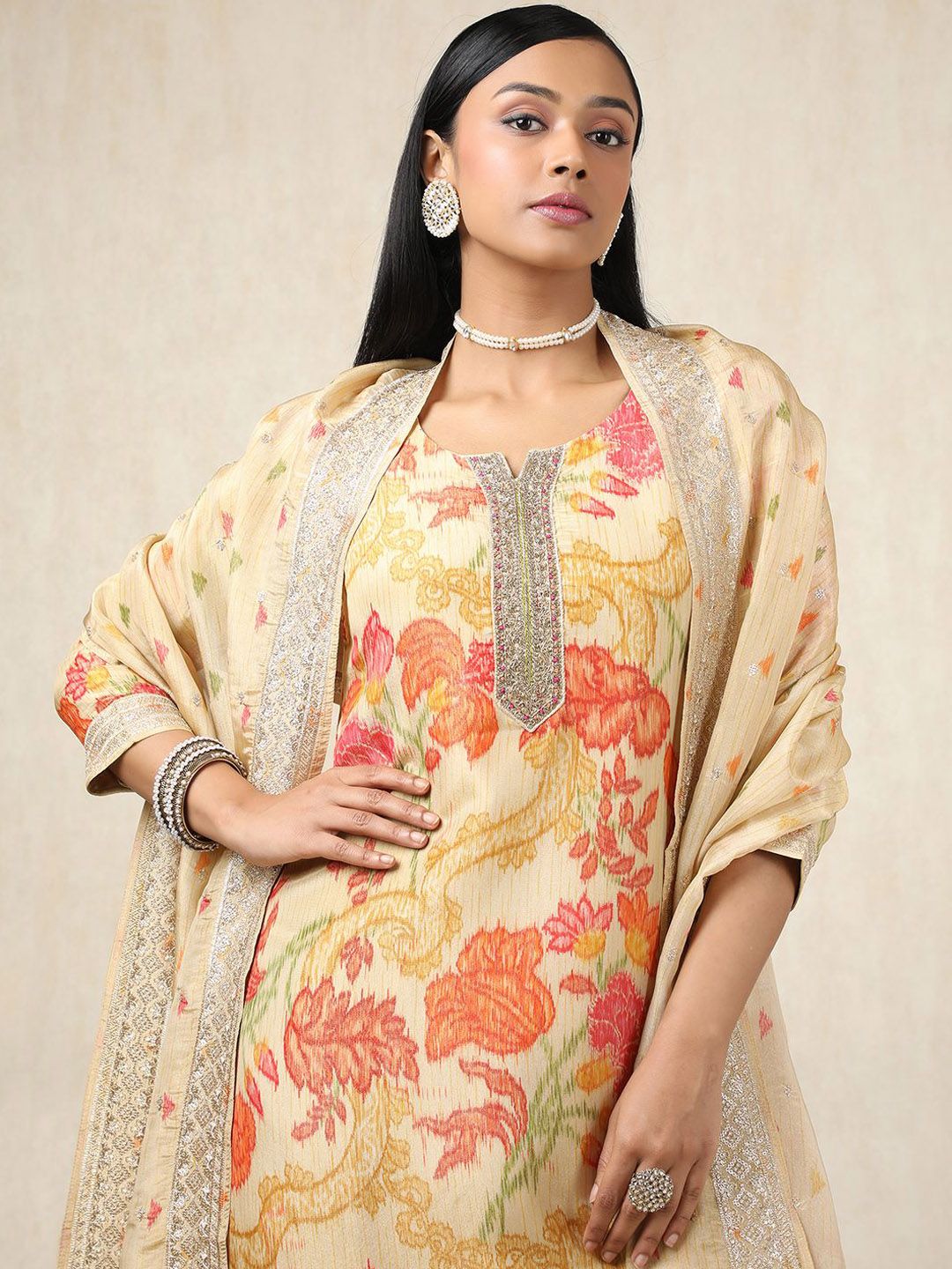 Dhiyona SO Women's Floral Botanical Printed Notch Neck Sequinned Tissue Kurta With Trousers & Dupatta