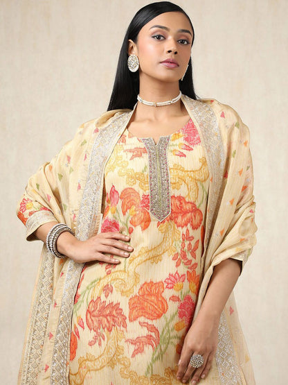 Dhiyona SO Women's Floral Botanical Printed Notch Neck Sequinned Tissue Kurta With Trousers & Dupatta