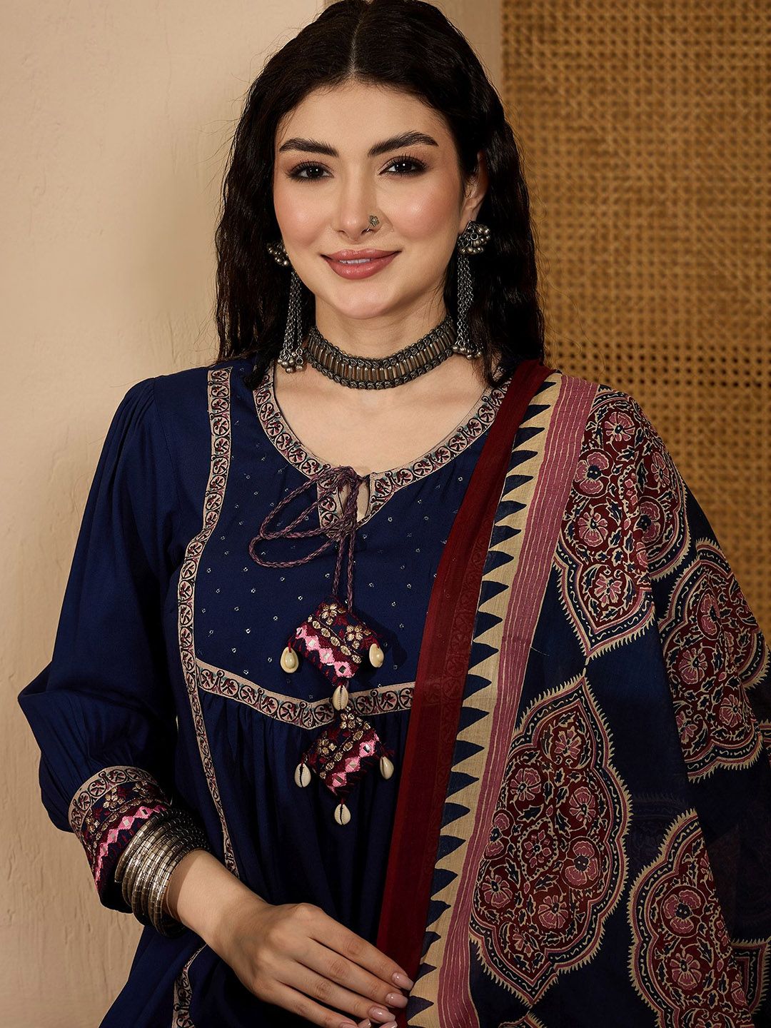 Dhiyona SN Women's Printed A-Line Kurta Trouser With Dupatta Set
