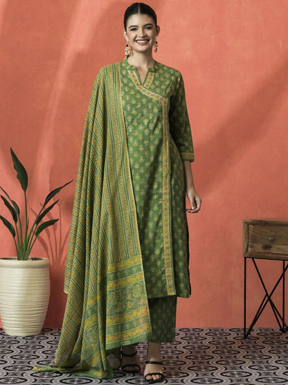 Dhiyona SN Women's Floral Printed Mandarin Collar Pure Cotton Straight Kurta With Trouser & Dupatta