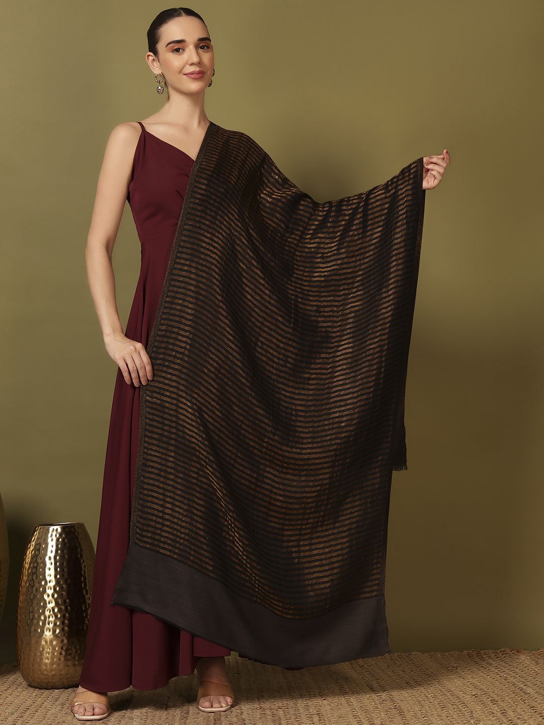 Dhiyona PA Striped Woven Design Reversible Zargul Shawl