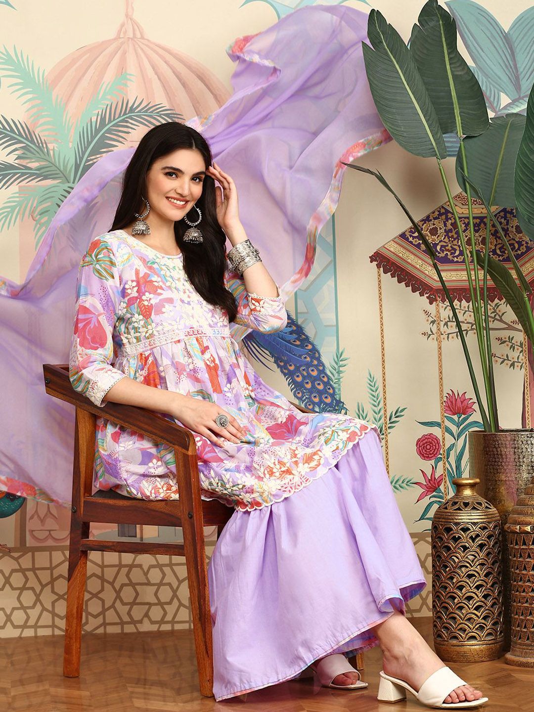 Dhiyona IS Women's Floral Printed Thread Work Pure Cotton A-Line Kurta with Sharara & Dupatta