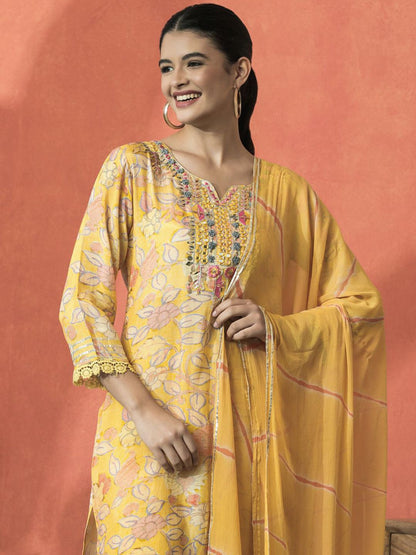 Dhiyona SN Women's Floral Embroidered V-Neck Mirror Work Cotton Straight Kurta With Trouser & Dupatta