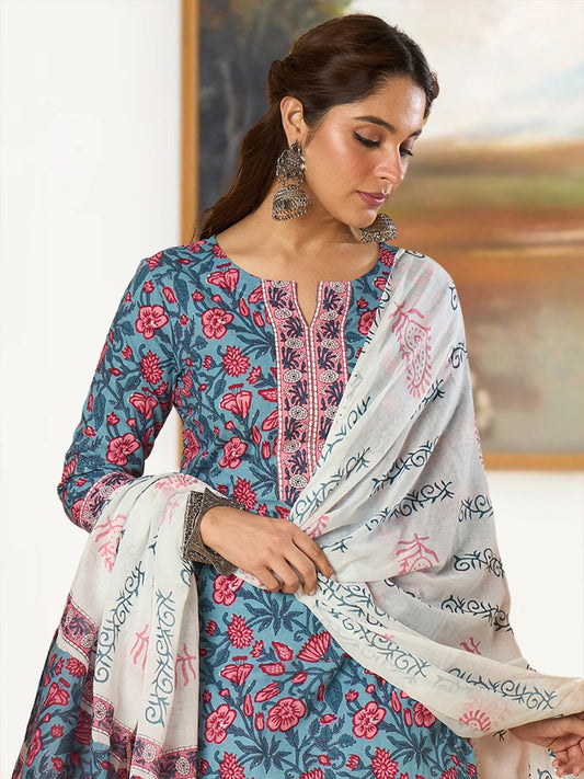 Women Floral Printed Regular Thread Work Pure Cotton Kurta with Trousers & With Dupatta