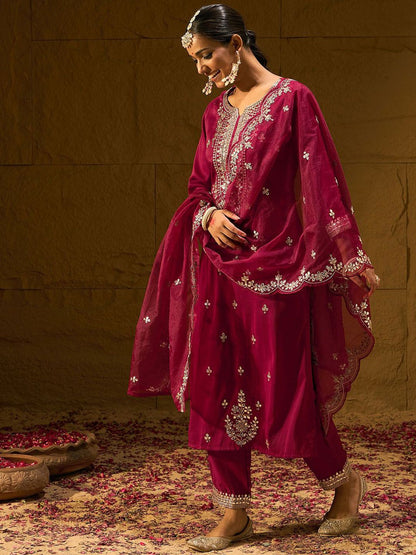 Dhiyona IE Ethnic Motifs Embroidered Gotta Patti Straight Kurta With Trousers & Dupatta