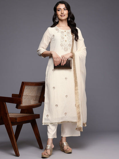 Dhiyona VA Women'sOff White Striped Regular Thread Work Kurta With Trouser With Dupatta