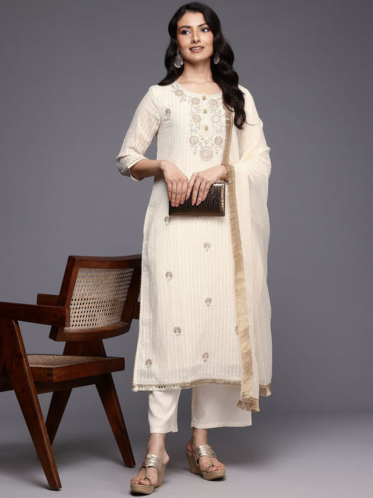 Dhiyona VA Women'sOff White Striped Regular Thread Work Kurta With Trouser With Dupatta