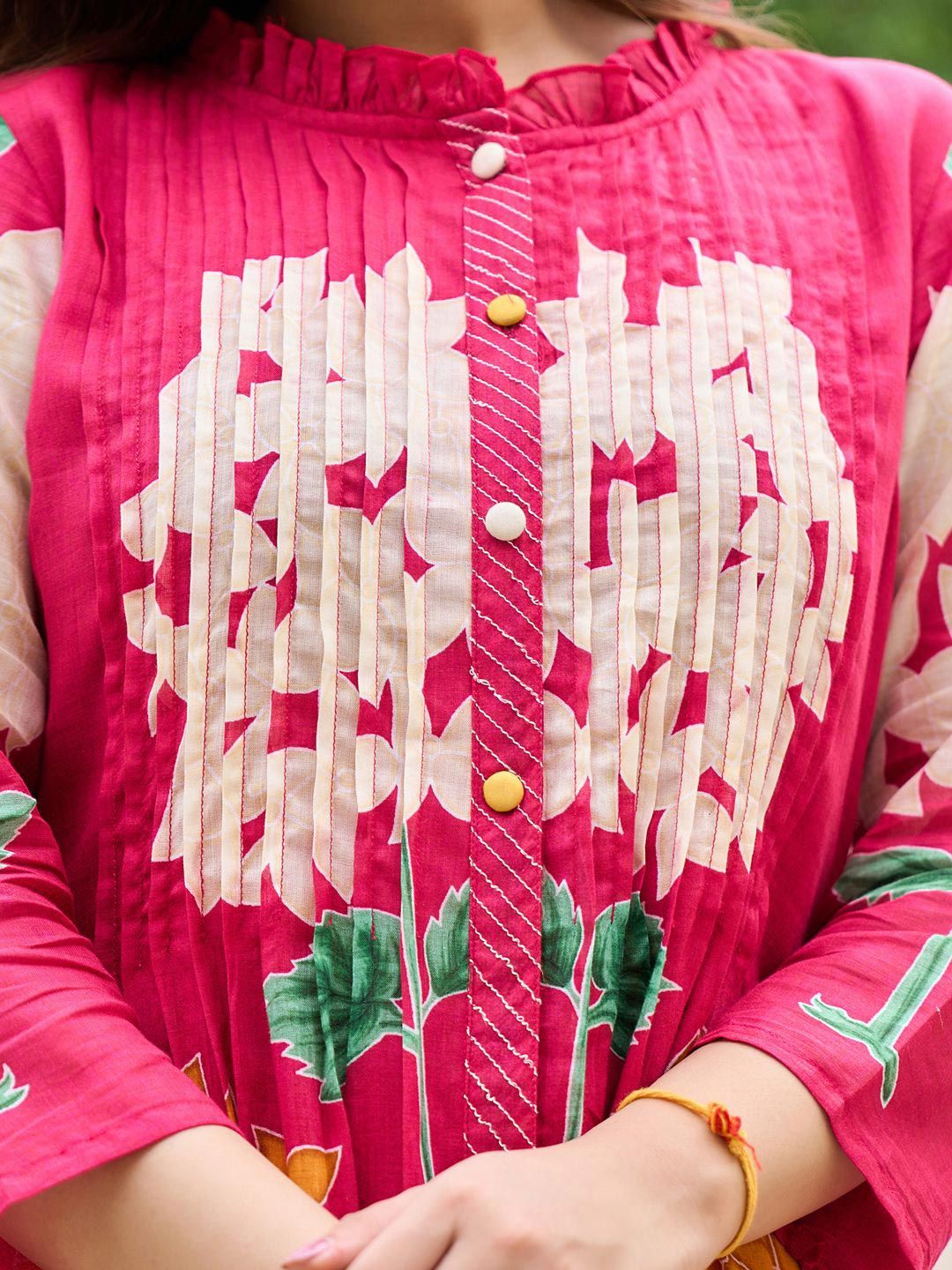 Floral Printed Mandarin Collar Pleated Pure Cotton A-Line Kurta With Trousers