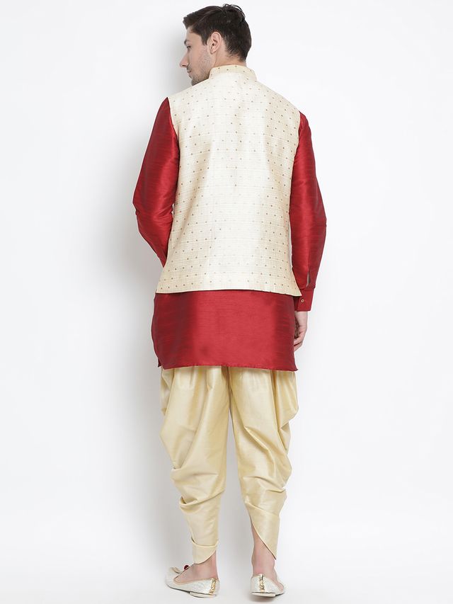 Men's Maroon Silk Blend Straight Jacket  Kurta and Dhoti Set