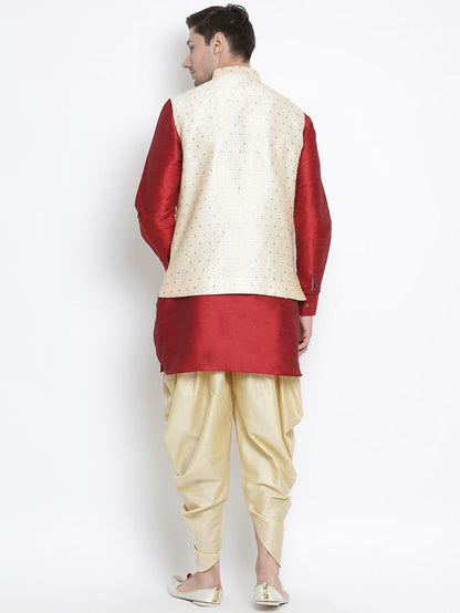 Men's Maroon Silk Blend Straight Jacket  Kurta and Dhoti Set