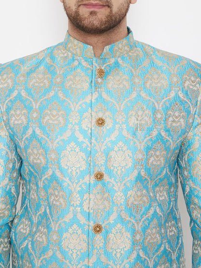 Men's Aqua Silk Blend Straight Sherwani Set