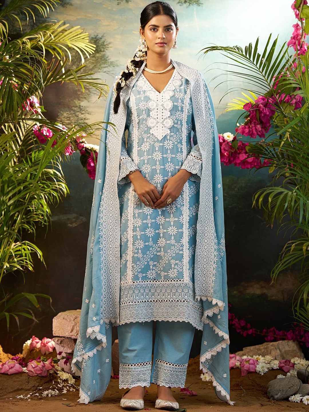 Dhiyona IE Ethnic Motifs Embroidered Chikankari Pure Cotton Kurta With Trouser & Dupatta