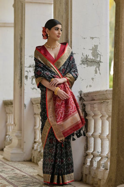 Black Red Raw Silk Saree