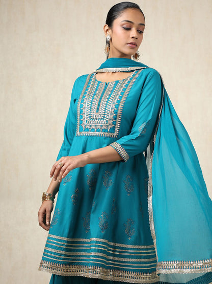 Dhiyona SO Women's Ethnic Motifs Yoke Design Round Neck A-Line Kurti With Sharara & Dupatta