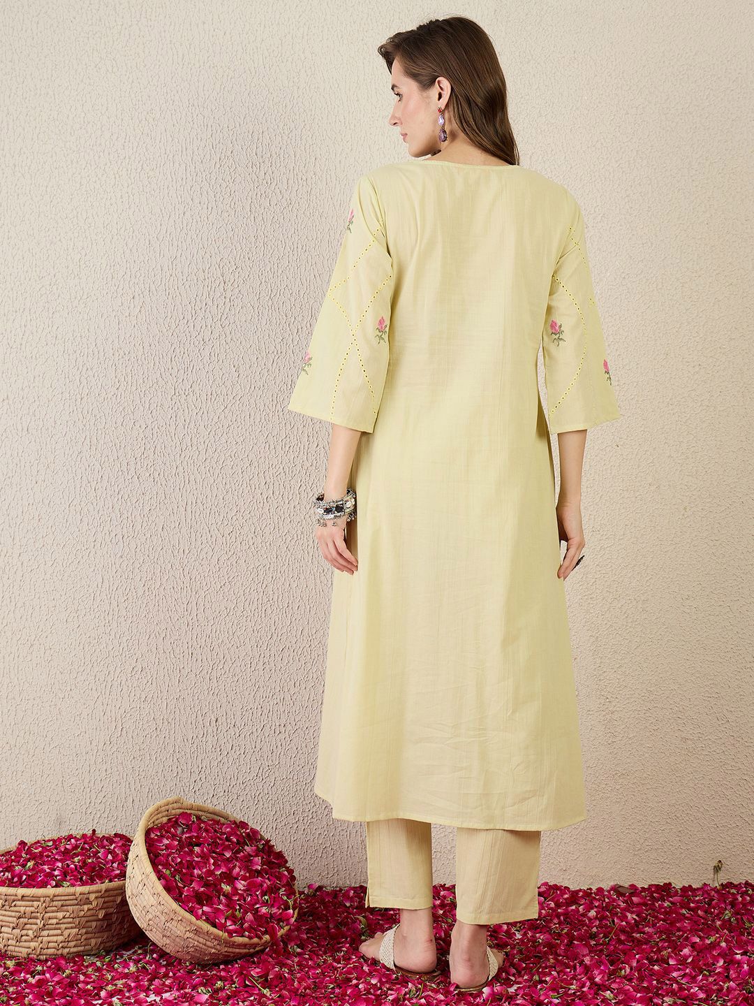 Women Floral Embroidered Cotton A-Line Kurta with Trousers