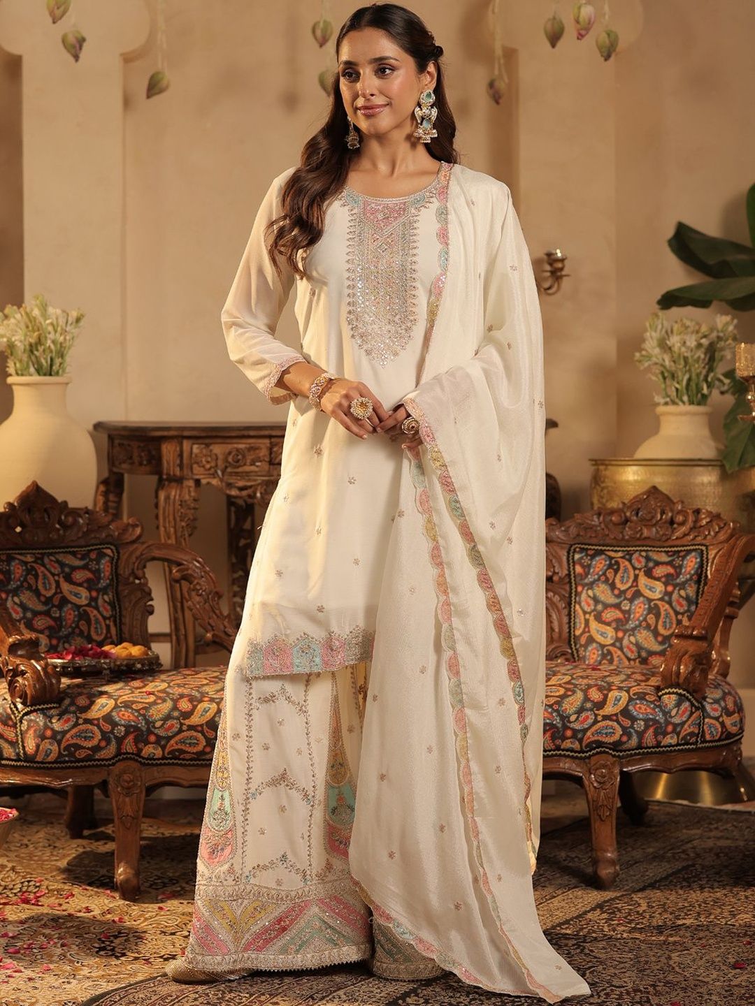 Women Ethnic Motifs Embroidered Kurta with Palazzos & Dupatta