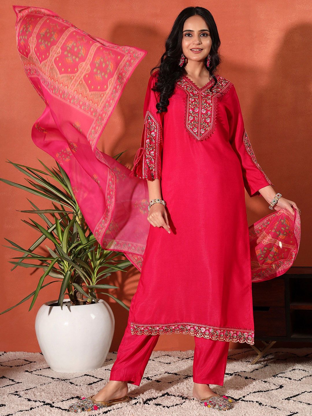 Dhiyona SN Women's Embroidered Straight Kurta With Trouser & Dupatta