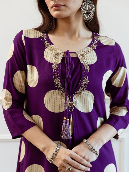 Women Printed Regular Beads and Stones A-Line Kurta with Palazzos