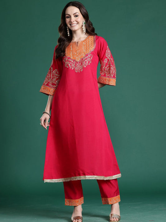 Dhiyona IE Embroidered Round Neck A-Line Top With Trousers Co-Ords Set
