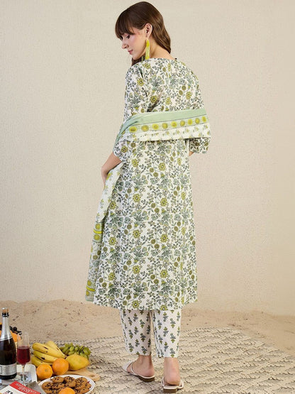 Women Floral Printed Regular Pure Cotton Kurta with Trousers & With Dupatta