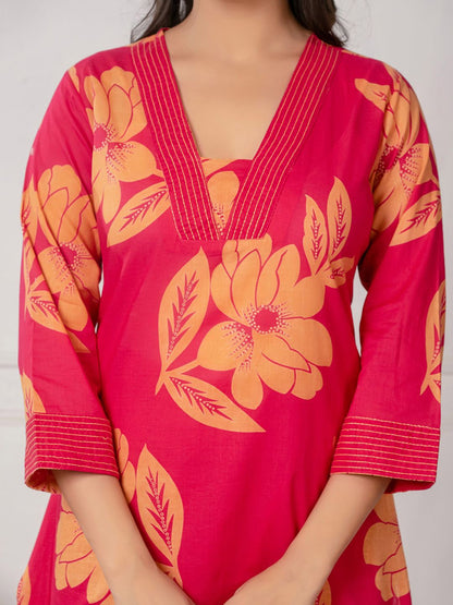 Dhiyona IE Floral Printed V-Neck Pure Cotton Tunic & Palazzos