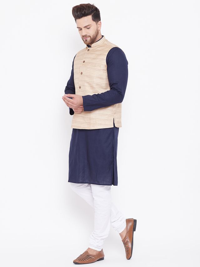 Men's Navy Blue Cotton Blend Straight Jacket  Kurta and Pyjama Set