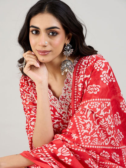 Dhiyona IE Floral Printed Thread Work Straight Kurta with Trousers & Dupatta