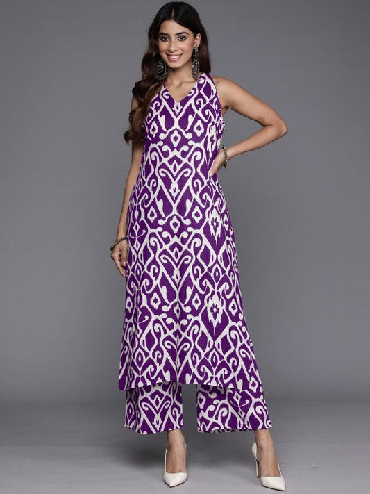 Dhiyona VR Women's Purple Ikat Printed Straight Kurta With Palazzo