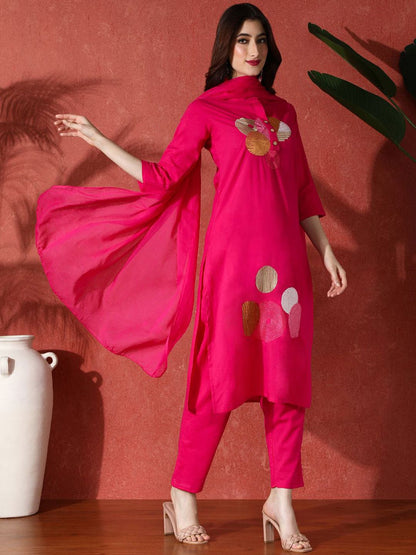 Dhiyona SN Women's Embroidered Pure Cotton A-Line Kurta & Trouser With Dupatta